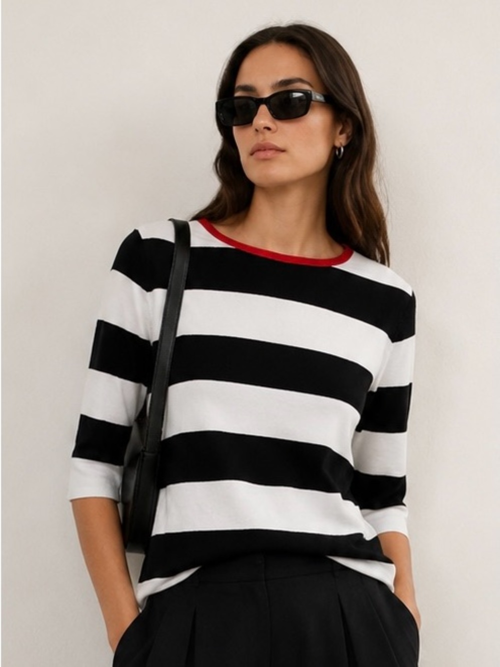 Ann Taylor 100% Cotton Nautical Stripe Sweater Large Black White 3/4 Sleeve